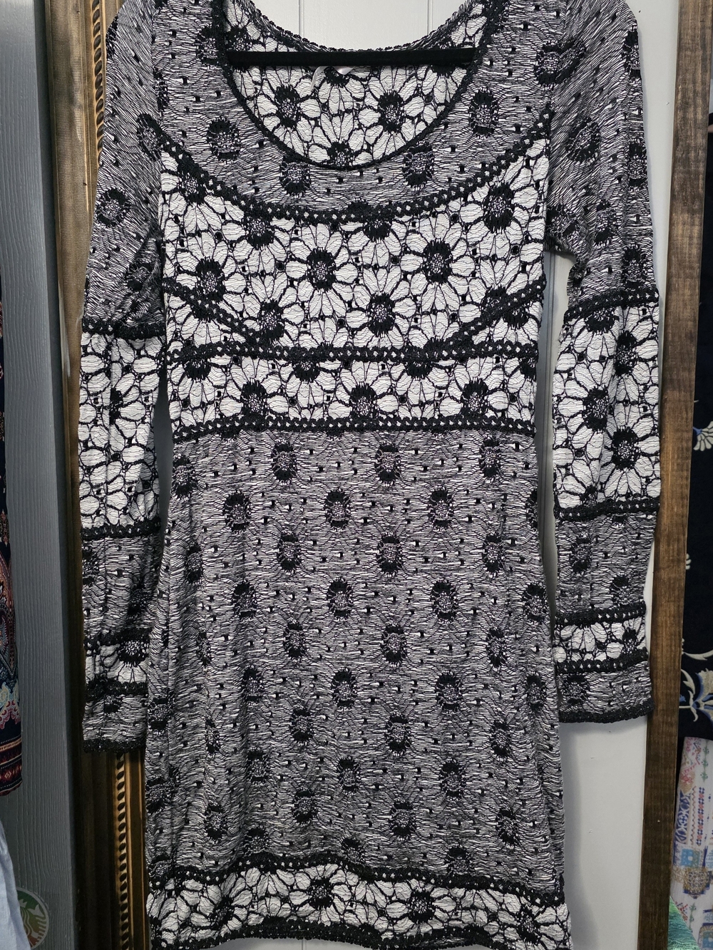 Free People Black and White Crochet-Trim Long Sleeve Knit Dress